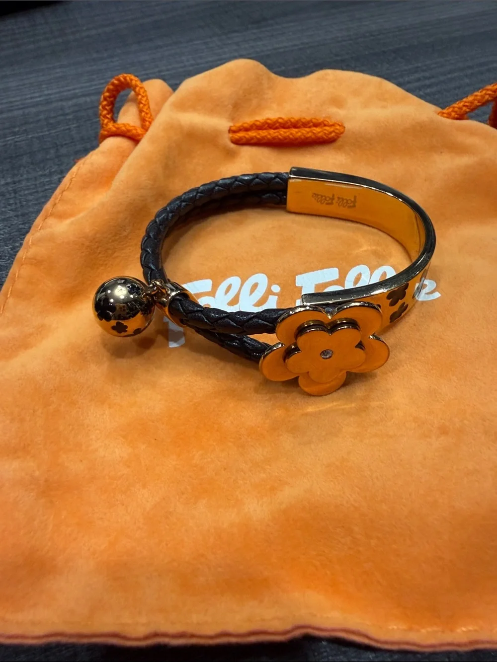 Folli Follie Black Braided Leather Bracelet with Gold Flower Accent